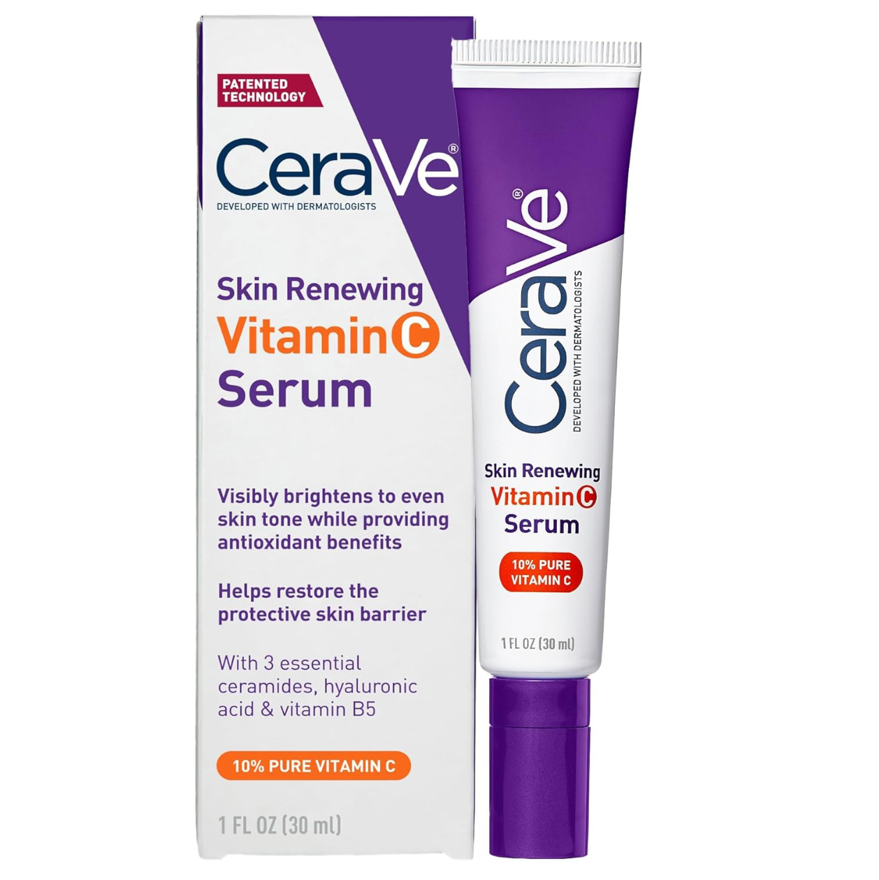 CeraVe Skin Renewing Vitamin C Serum 30ml with 10% pure Vitamin C, ceramides, hyaluronic acid and vitamin B5 to brighten and strengthen the skin barrier.