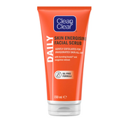 Clean & Clear Daily Skin Energising Facial Scrub 150ml with tangerine extract and an oil-free formula for gentle exfoliation orange tube on a white background