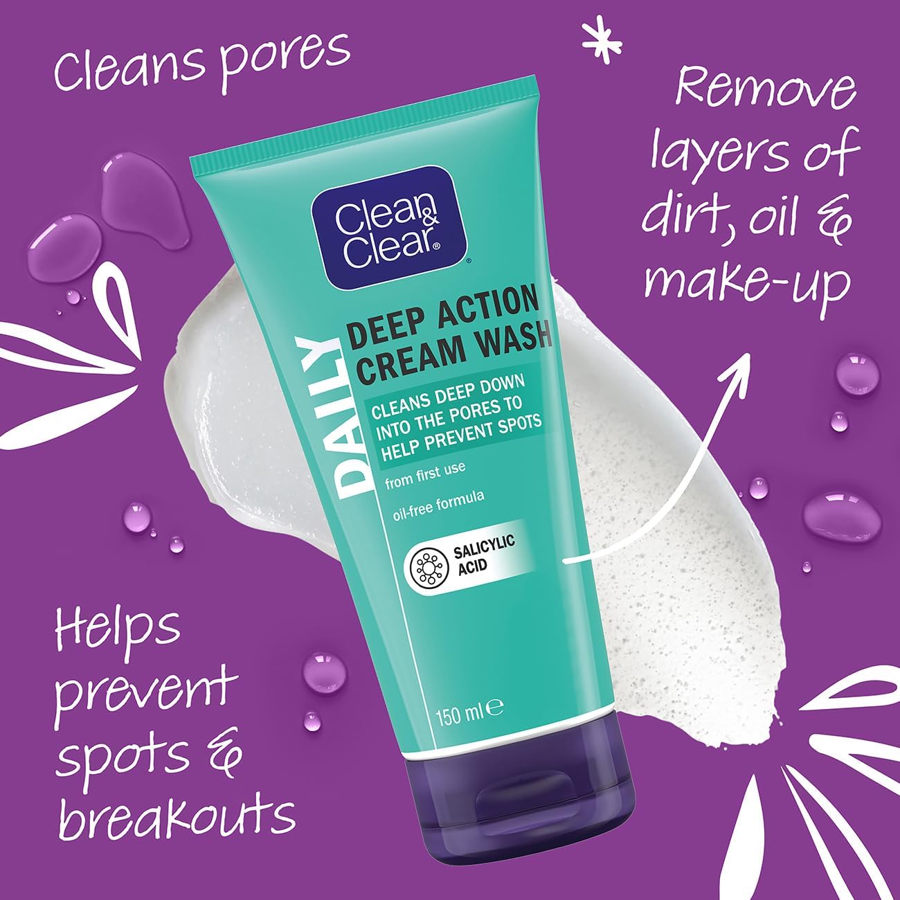 Clean & Clear Deep Action Cream Wash 150ml benefits - cleans off oil and makeup 