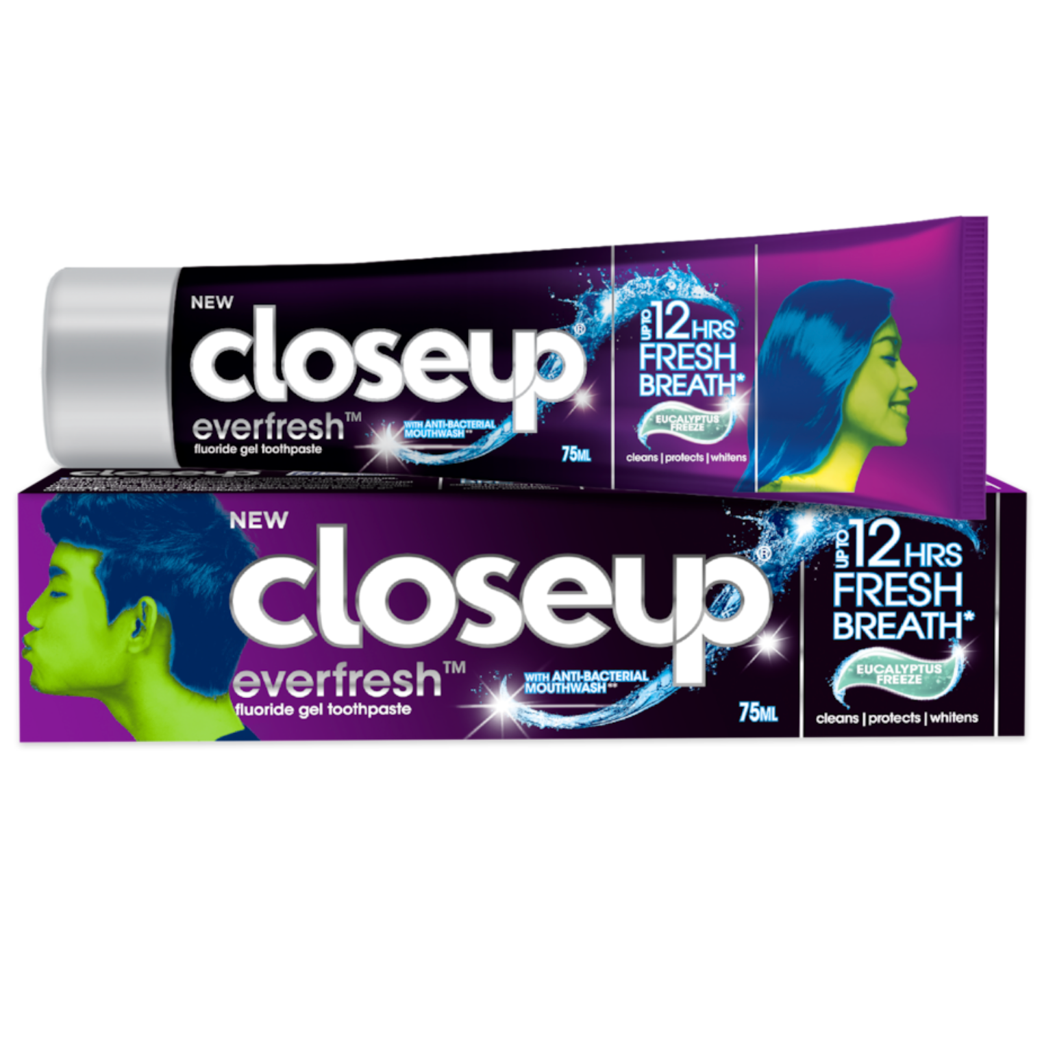 Closeup Everfresh Eucalyptus Freeze Fluoride Gel Toothpaste 75ml in a purple tube with matching box on a white background, offering up to 12-hour fresh breath while cleaning, protecting and whitening teeth.
