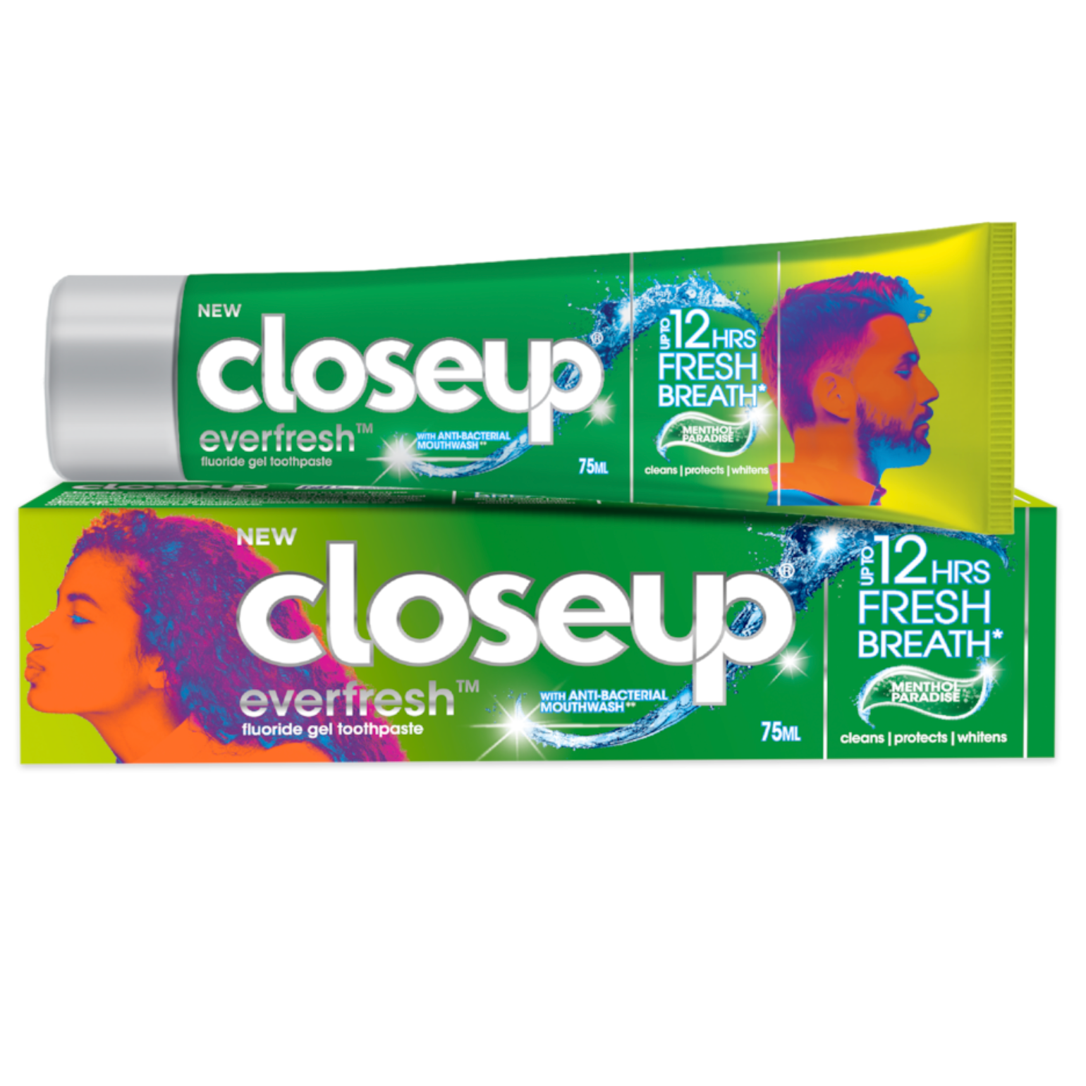 Closeup Everfresh Menthol Paradise Fluoride Gel Toothpaste 75ml in a green tube with matching box on a white background, featuring antibacterial mouthwash for up to 12-hour fresh breath.