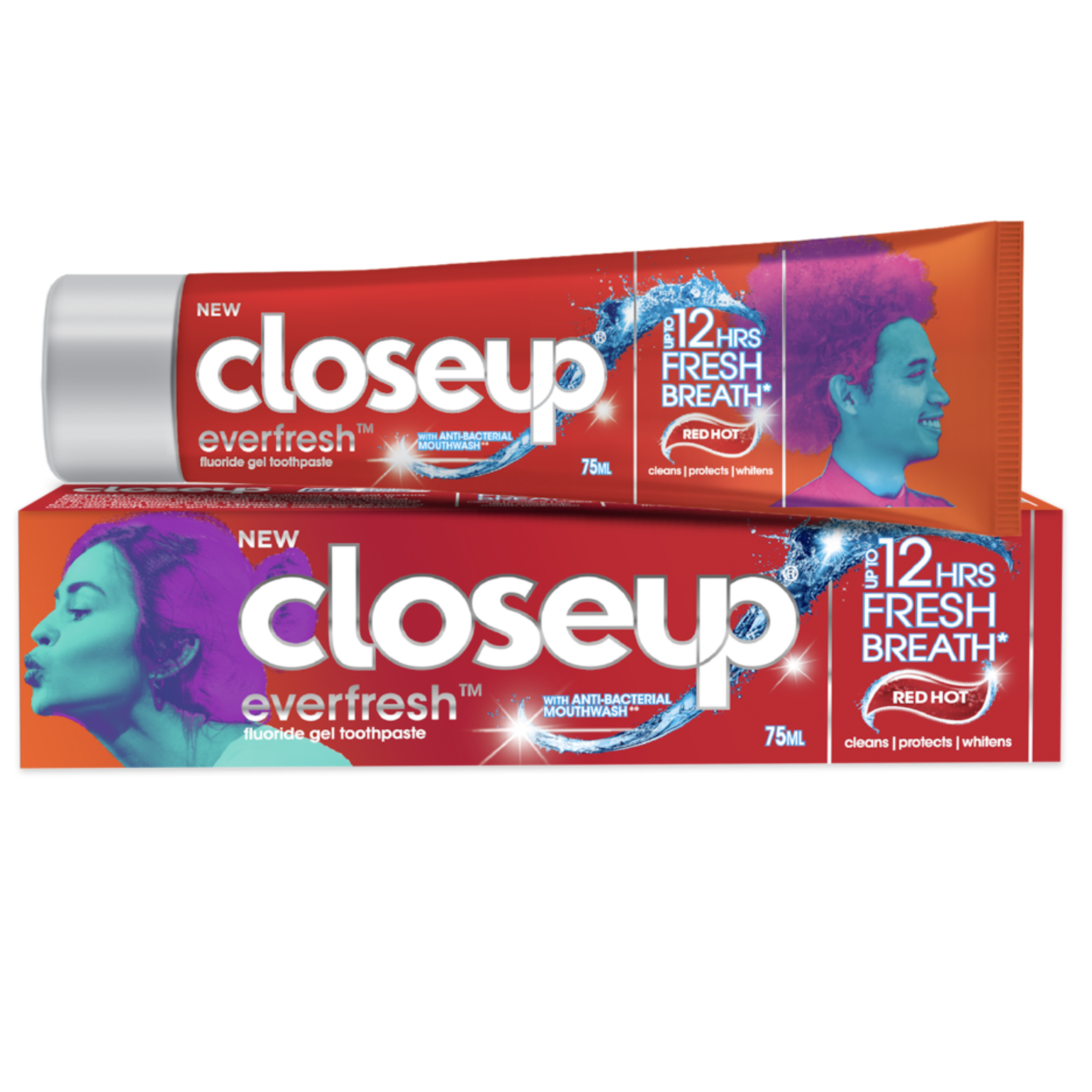 Closeup Everfresh Red Hot Fluoride Gel Toothpaste 75ml in a red and orange tube with matching box on a white background, designed to clean, protect and whiten with up to 12-hour fresh breath.