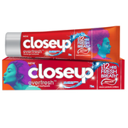Closeup Everfresh Red Hot Fluoride Gel Toothpaste 75ml in a red and orange tube with matching box on a white background, designed to clean, protect and whiten with up to 12-hour fresh breath.