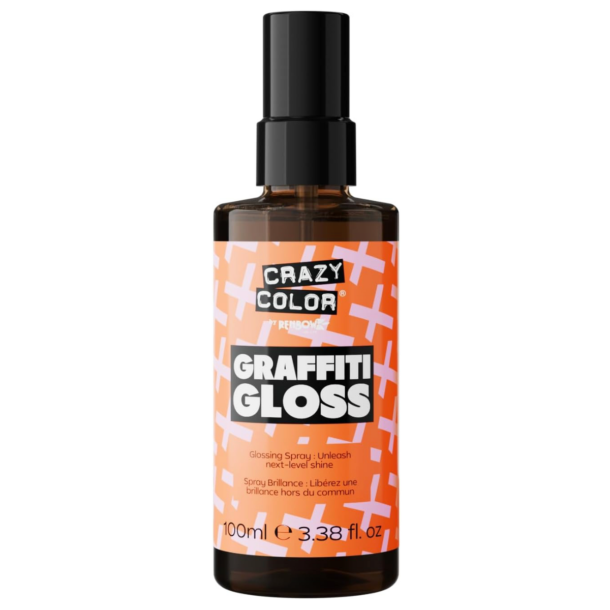 front view of Crazy Color Graffiti Gloss Glossing Spray 100ml to increase shine on coloured hair a clear spray bottle with a black cap and orange label against a clean white background