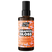 front view of Crazy Color Graffiti Gloss Glossing Spray 100ml to increase shine on coloured hair a clear spray bottle with a black cap and orange label against a clean white background