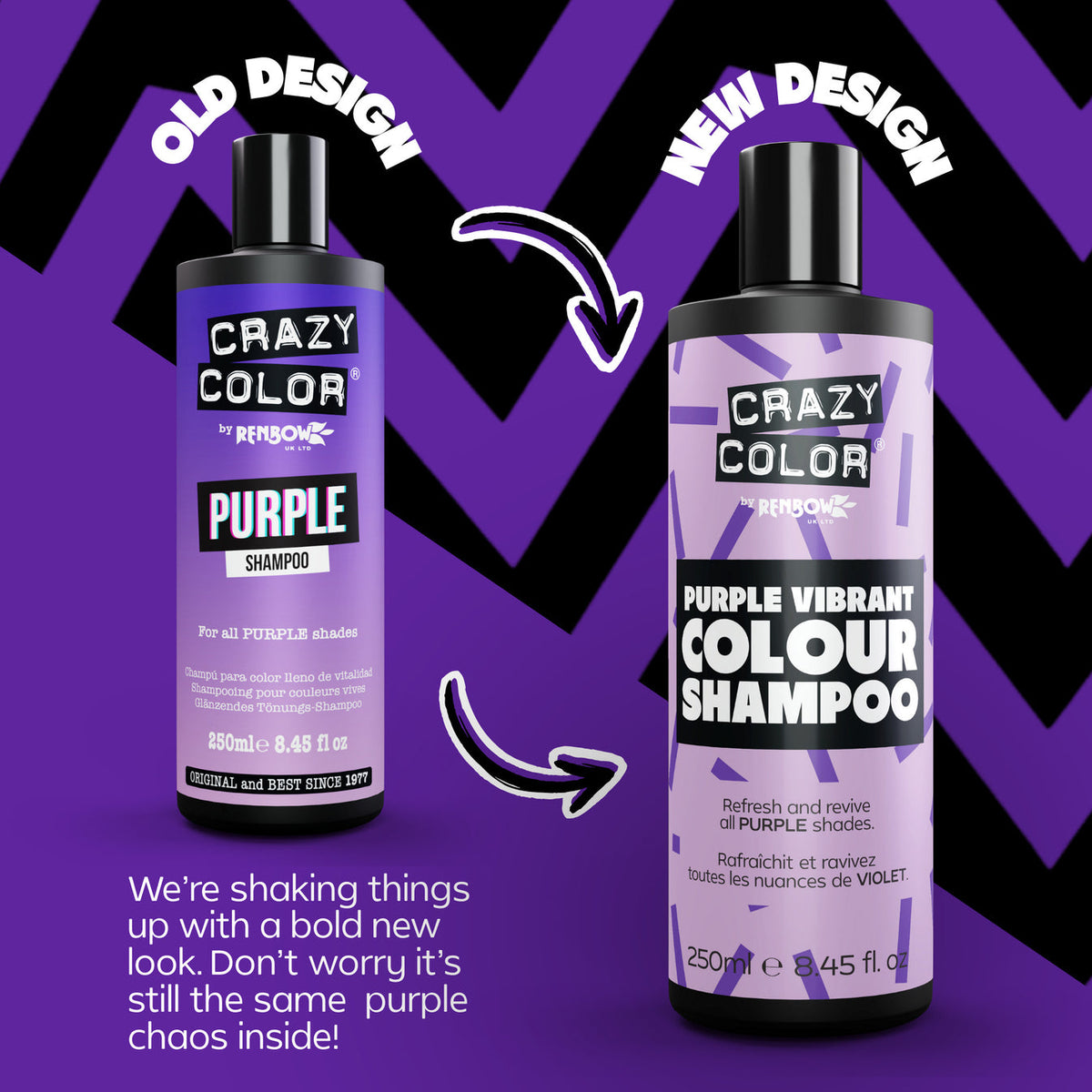 Crazy Color Purple Vibrant Colour Shampoo 250ml comparison of old retail packaging design to new. an arrow pointing from the old bottle to new with a message on the left stating the formula hasn't changed