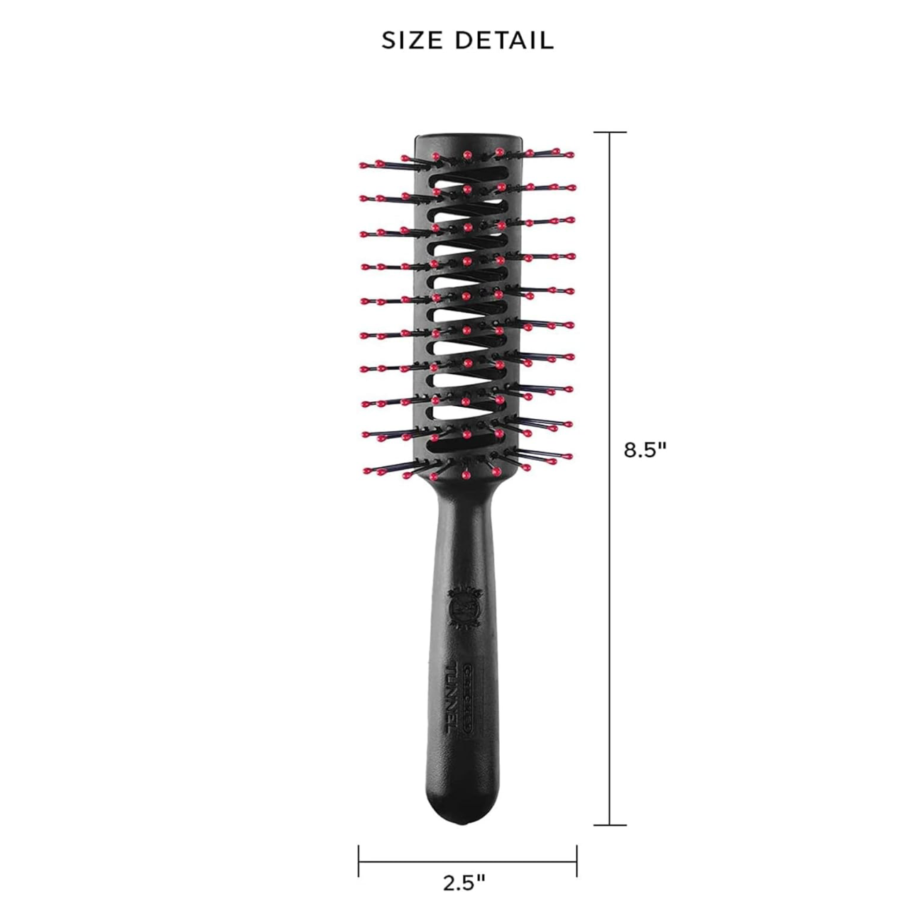 Cricket Static Free Tunnel Brush dimensions showing an overall length of 8.5 inches (21.6 cm) and a brush head width of 2.5 inches (6.4 cm).