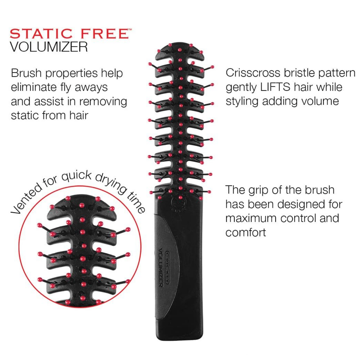 Cricket Static Free Volumizer Brush highlighting anti-static technology, vented design for faster drying, crisscross bristles for added volume and ergonomic grip for comfortable styling.