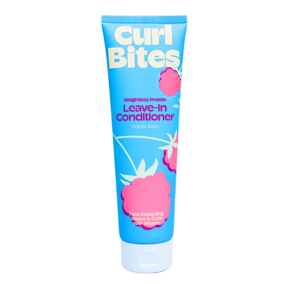 Tube of 'Curl Bites' leave-in conditioner on a light pink background