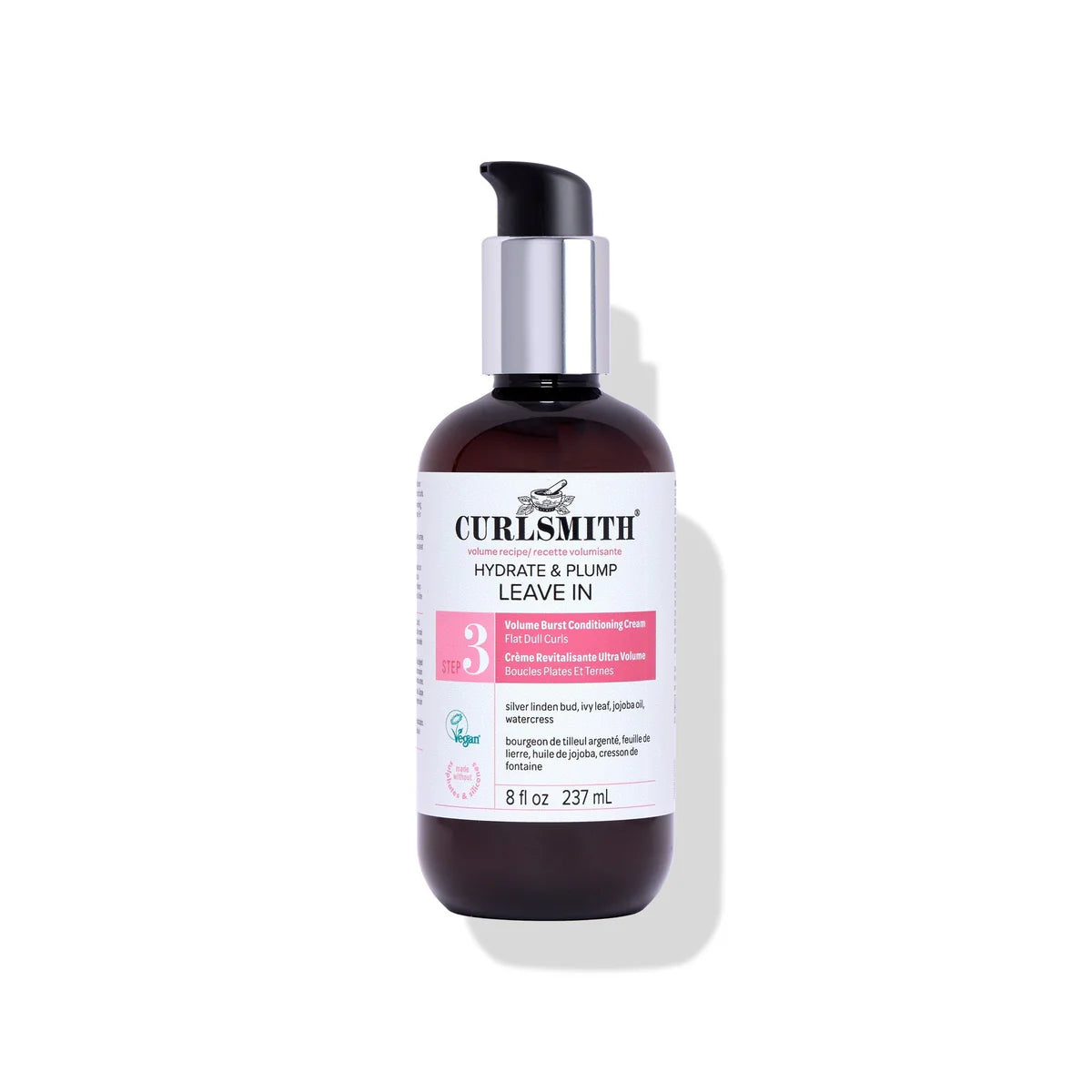 Curlsmith Hydrate & Plump Leave-In 8oz / 237ml bottle, a vegan lightweight volumising leave-in conditioning cream for nourishing flat, dull curls and creating fuller, thicker and bouncier hair