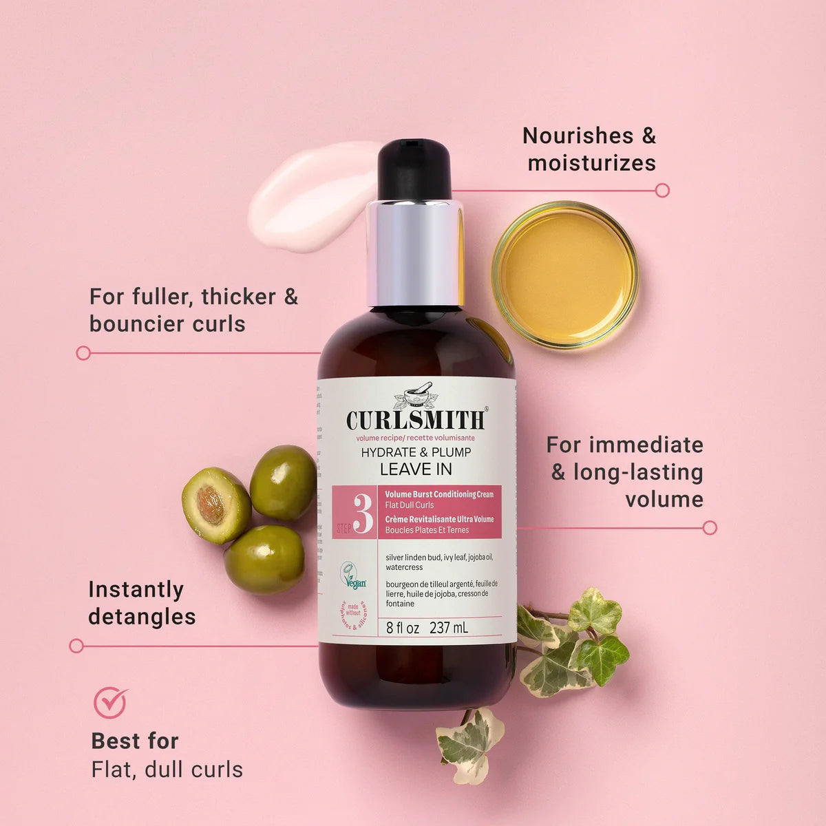 Curlsmith Hydrate & Plump Leave-In 8oz / 237ml infographic highlighting a vegan leave-in conditioner that nourishes, moisturises and detangles flat, dull curls for immediate, long-lasting volume