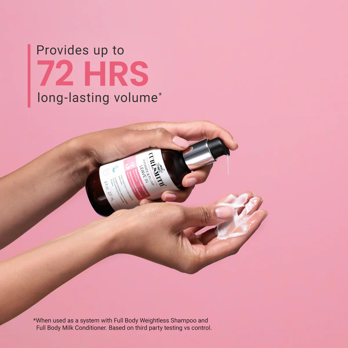 Curlsmith Hydrate & Plump Leave-In 8oz / 237ml being dispensed into a hand, a lightweight leave-in conditioning cream clinically tested to provide up to 72 hours of long-lasting curl volume