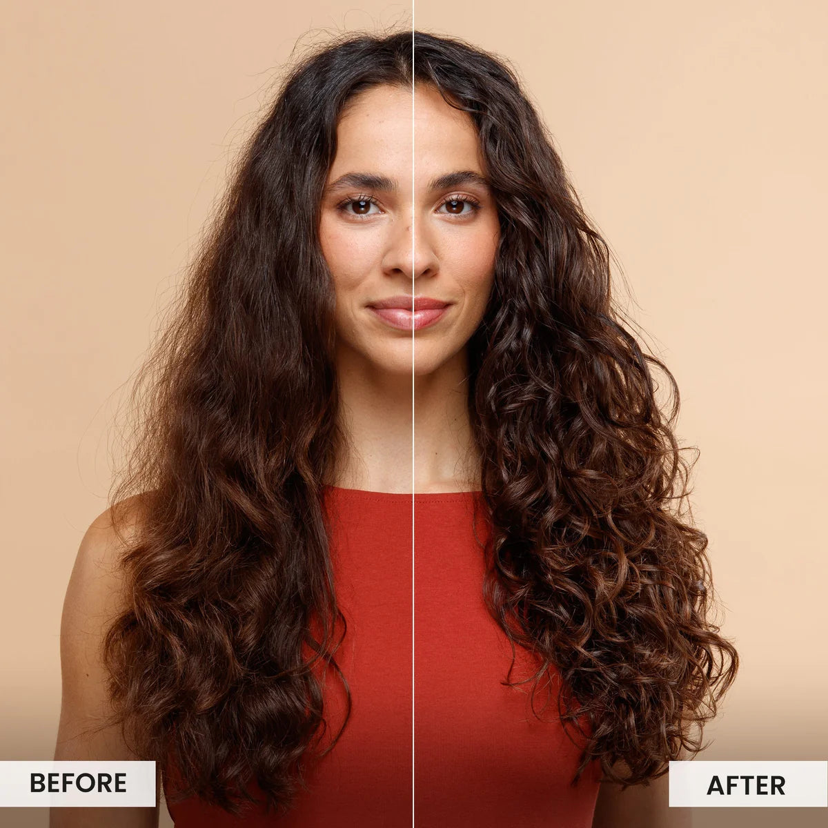 Before-and-after comparison showing flat, loose waves transformed into fuller, shinier and more defined curls after using Curlsmith Full Body Hydrate & Plump Leave-In 8oz / 237ml volumising curl cream