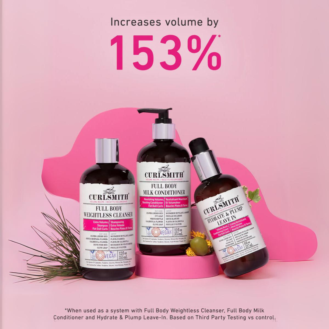 Curlsmith Full Body haircare range featuring Weightless Cleanser, Milk Conditioner and Hydrate & Plump Leave-In, a vegan volumising system clinically tested to increase flat curl volume by 153%