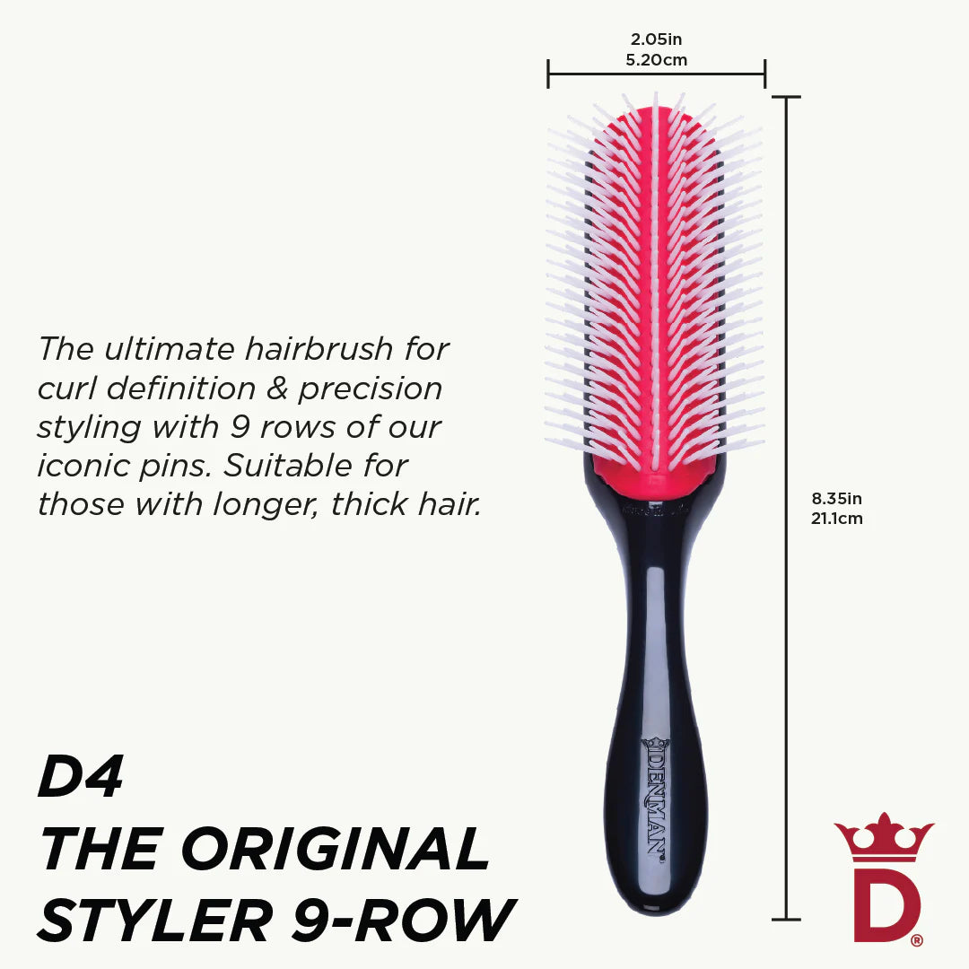 Denman D4 The Original Styler 9-Row Brush dimensions showing 21.1cm length and 5.2cm brush width, ideal for defining curls and styling longer, thicker hair.