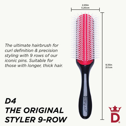 Denman D4 The Original Styler 9-Row Brush dimensions showing 21.1cm length and 5.2cm brush width, ideal for defining curls and styling longer, thicker hair.