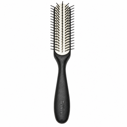 Denman D143 The Long Styler Brush front view with black ergonomic handle, white half-round cushion and five rows of smooth styling pins on a white background.