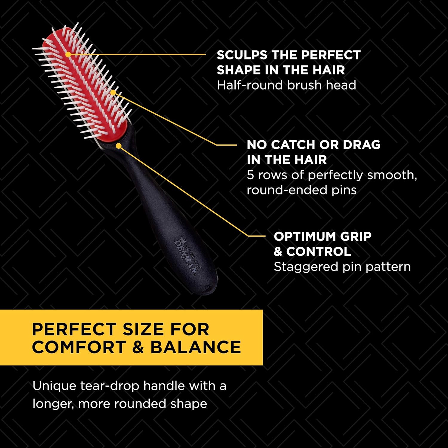 Denman D143 The Long Styler Brush feature guide showing half-round brush head, five rows of smooth pins and ergonomic handle for styling and detangling.