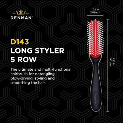 Denman D143 The Long Styler 5 Row Brush dimensions showing 19.1cm length with half-round styling head for detangling, blow drying and curl definition.