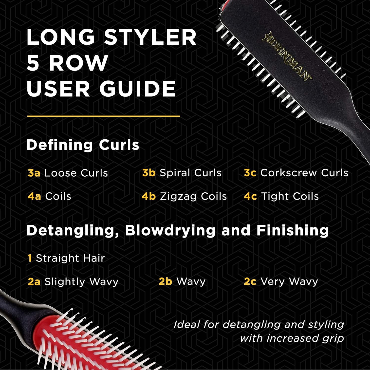 Denman D143 The Long Styler 5 Row Brush user guide showing recommended hair types for curl definition, detangling, blow drying and styling.