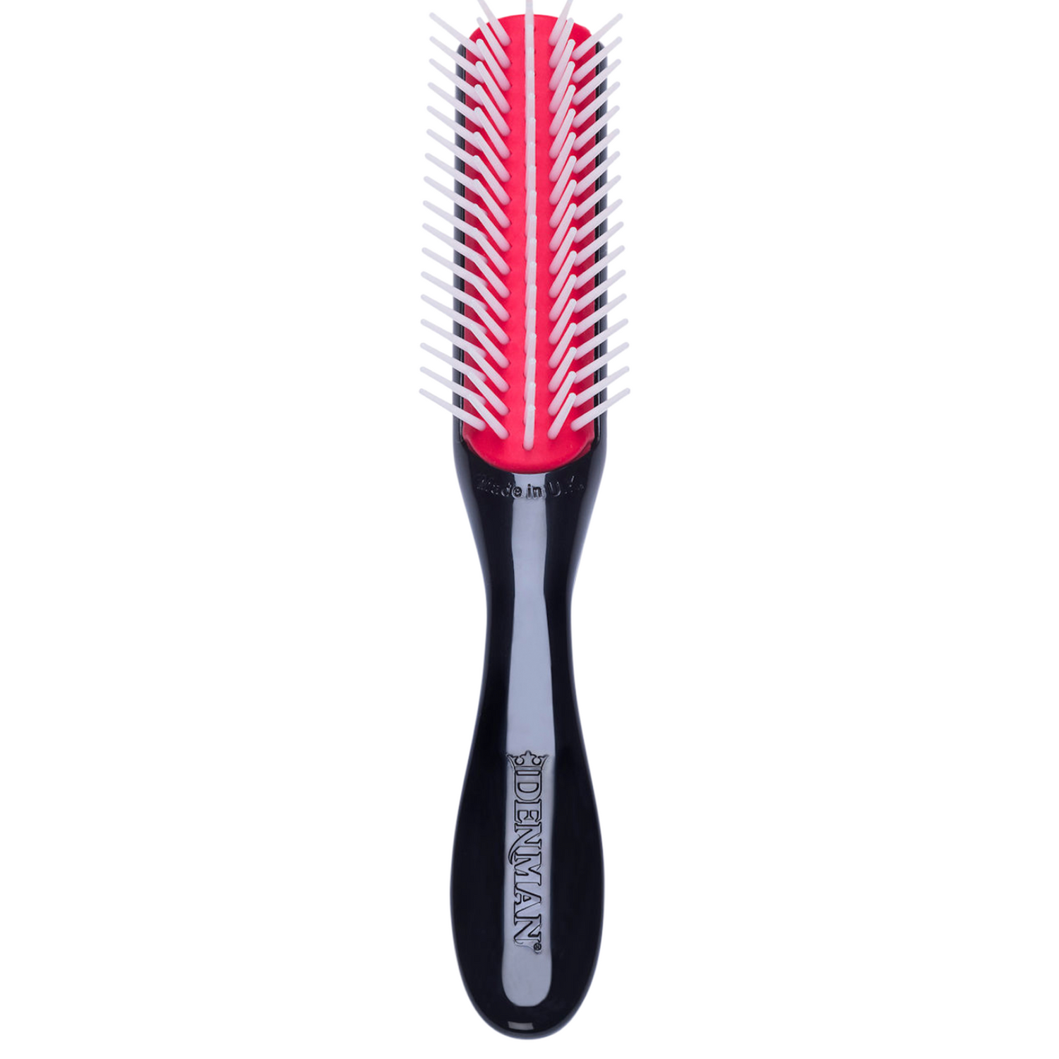 Denman D14 The Mini Curl Definer &amp; Styler 5-Row Brush front view with anti-static rubber pad and 5 rows of smooth nylon pins for curl definition and precision styling.