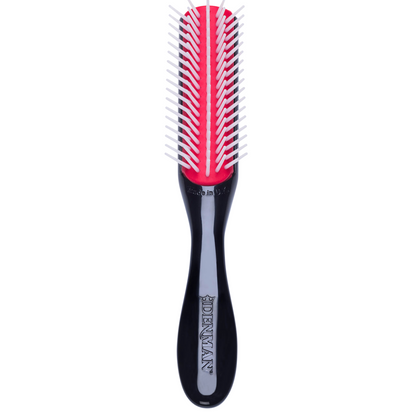 Denman D14 The Mini Curl Definer &amp; Styler 5-Row Brush front view with anti-static rubber pad and 5 rows of smooth nylon pins for curl definition and precision styling.