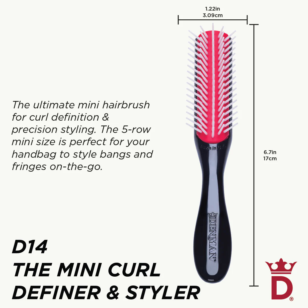 Denman D14 The Mini Curl Definer & Styler 5-Row Brush dimensions showing 17cm length and 3.09cm brush width, ideal for defining curls, styling fringes and on-the-go touch-ups.