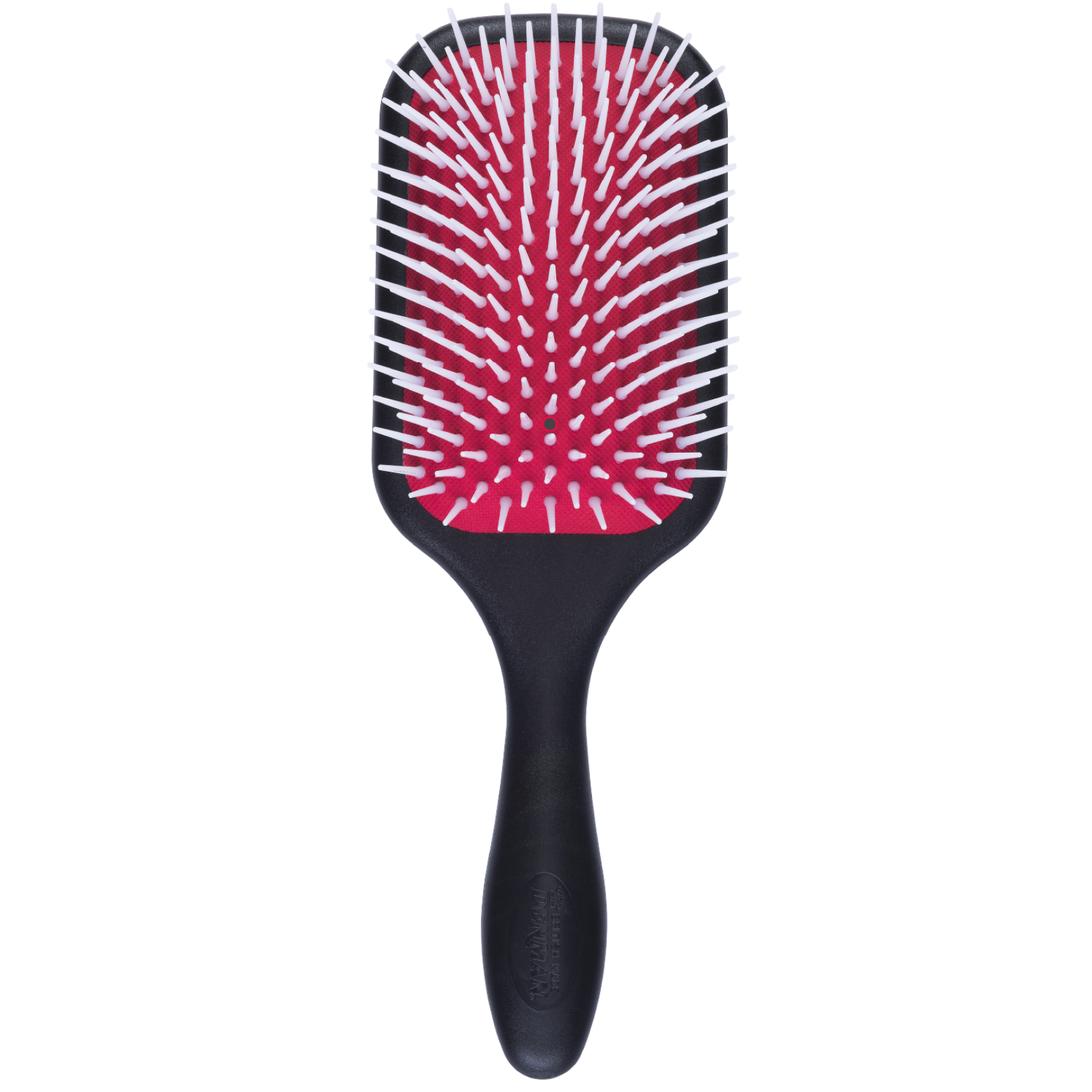 Denman D38 The Powder Paddle Brush front view with red air-cushioned pad and smooth rounded nylon pins for comfortable detangling and blow-drying.