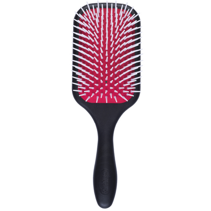 Denman D38 The Powder Paddle Brush front view with red air-cushioned pad and smooth rounded nylon pins for comfortable detangling and blow-drying.