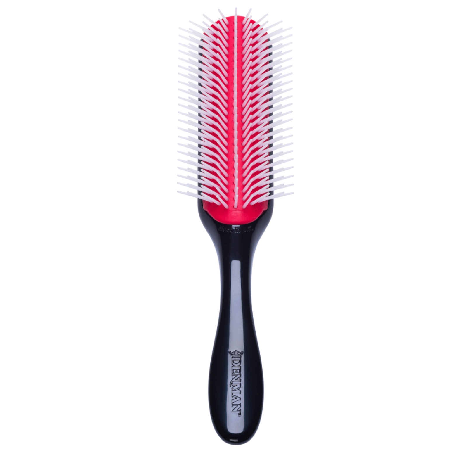 Denman D4 The Original Styler 9-Row Brush front view with 9-row nylon pins and anti-static rubber pad for curl definition, detangling and styling.