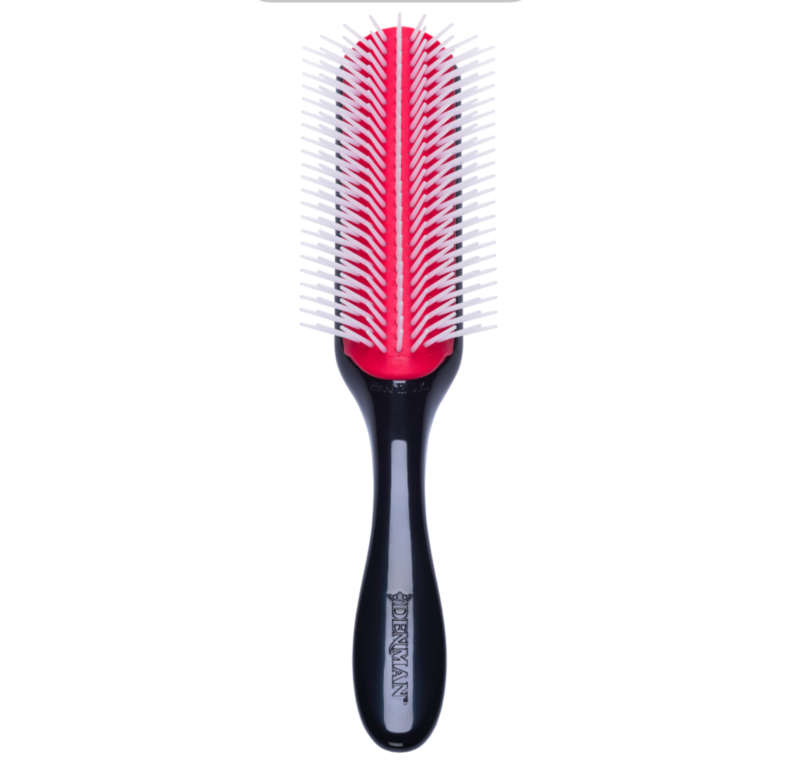 Denman D4 The Original Styler 9-Row Brush front view with 9-row nylon pins and anti-static rubber pad for curl definition, detangling and styling.