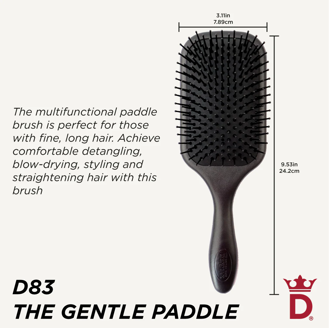 Denman D83 The Gentle Paddle Brush size guide showing dimensions and large paddle design for detangling, blow-drying, styling and straightening fine to long hair.