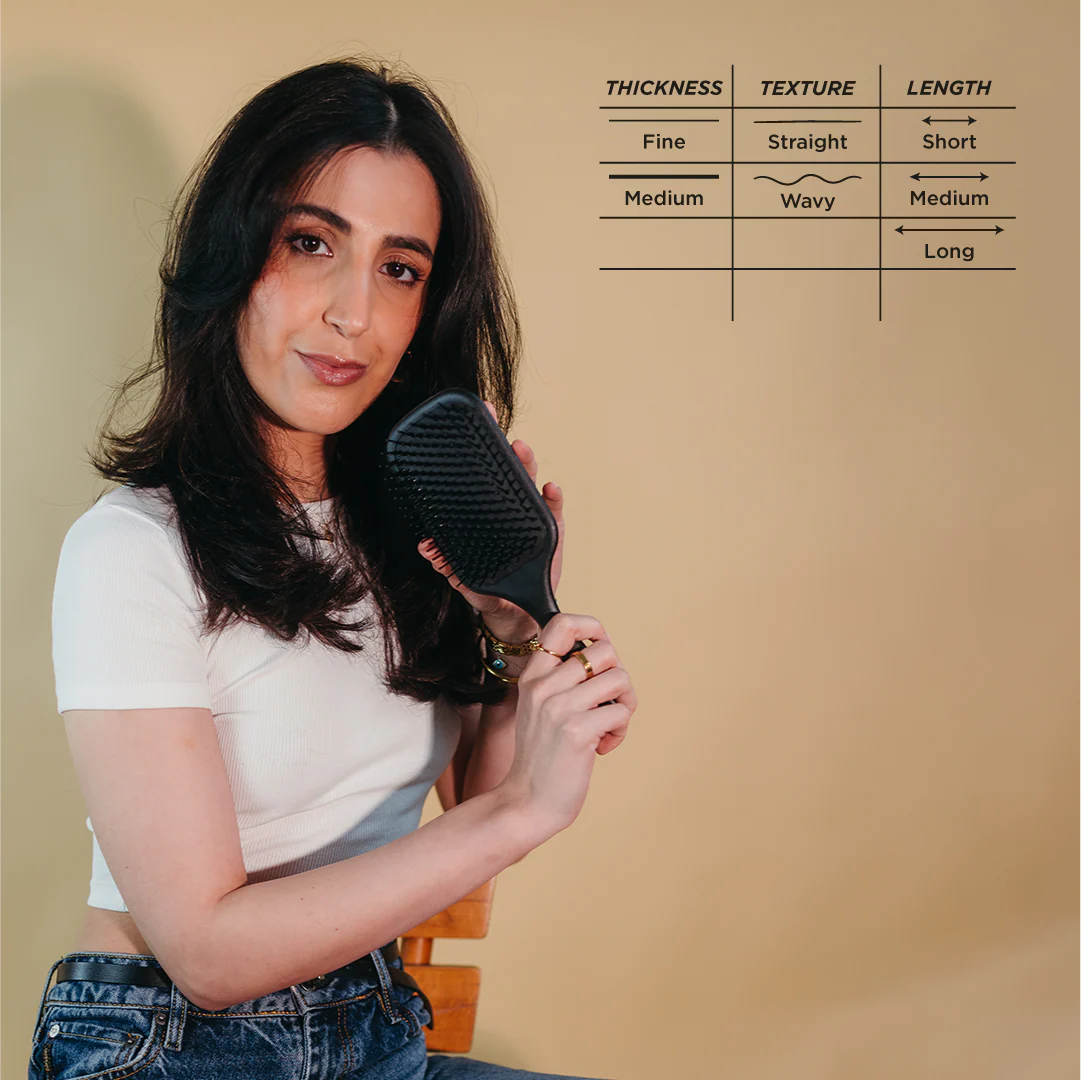 Denman D83 The Gentle Paddle Brush lifestyle image with hair type guide showing suitability for fine to medium hair and straight to wavy medium and long hairstyles.
