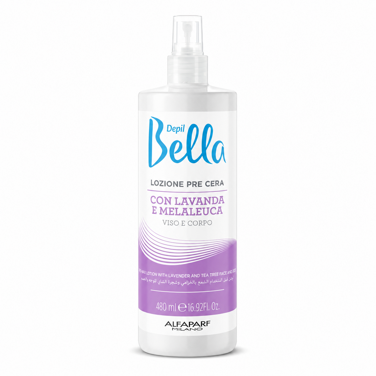 Depil Bella Pre-Wax Lotion with Lavender & Tea Tree Face & Body 480ml cleansing pre-wax lotion to prepare skin for smooth, effective hair removal