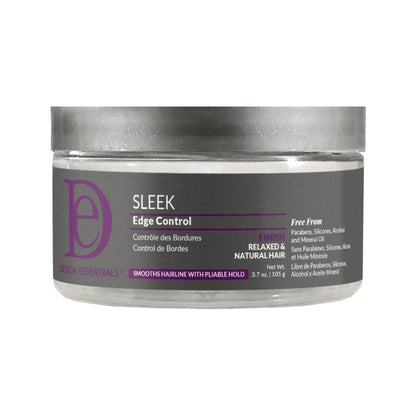 Design Essentials Sleek Edge Control hair gel for relaxed and natural hair, 3.7 oz, smoothing edge control with pliable hold, free from parabens, silicones, alcohol, and mineral oil.