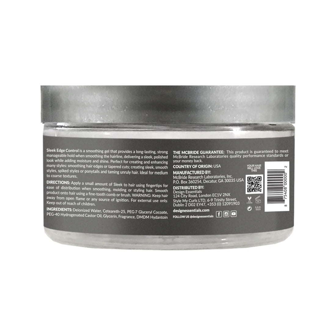 Back label of Design Essentials Sleek Edge Control Hair Gel, 3.7 oz, showing product description, directions, ingredients, manufacturer information, barcode, and QR code.