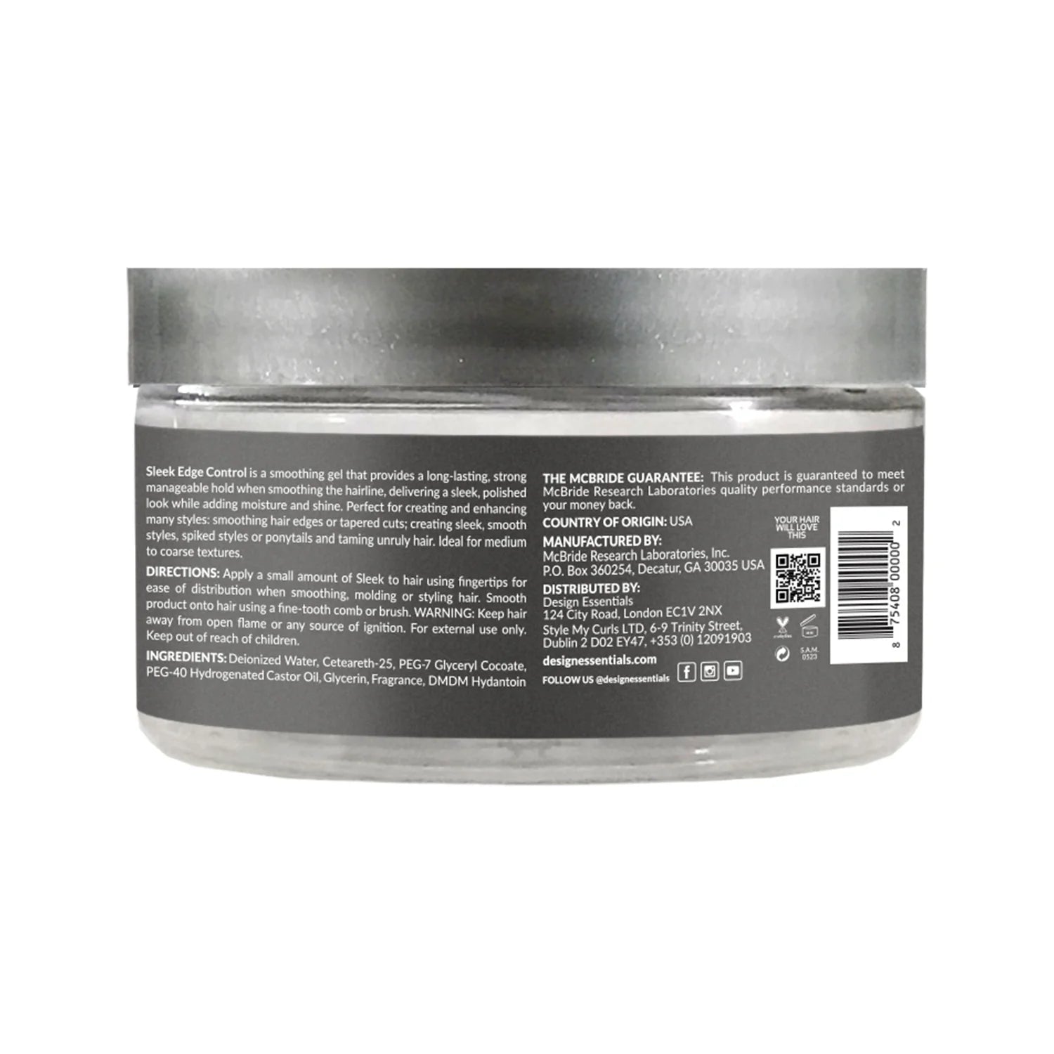 Back label of Design Essentials Sleek Edge Control Hair Gel, 3.7 oz, showing product description, directions, ingredients, manufacturer information, barcode, and QR code.
