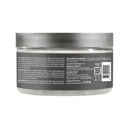 Back label of Design Essentials Sleek Edge Control Hair Gel, 3.7 oz, showing product description, directions, ingredients, manufacturer information, barcode, and QR code.