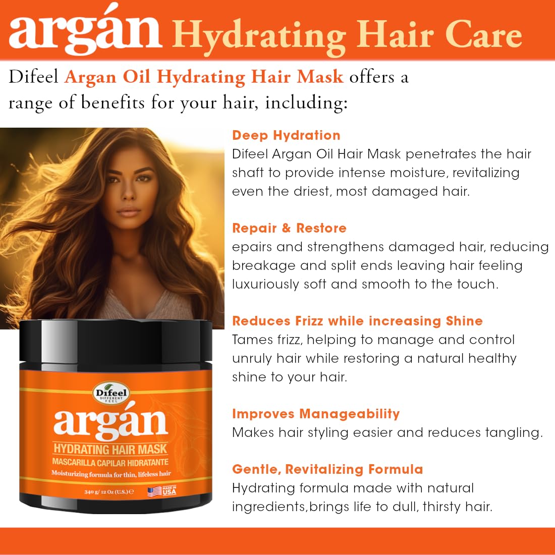 Difeel Argan Oil Hydrating Hair Mask 340g benefits infographic showing deep hydration, repair, frizz control, shine enhancement and improved hair manageability for dry damaged hair.