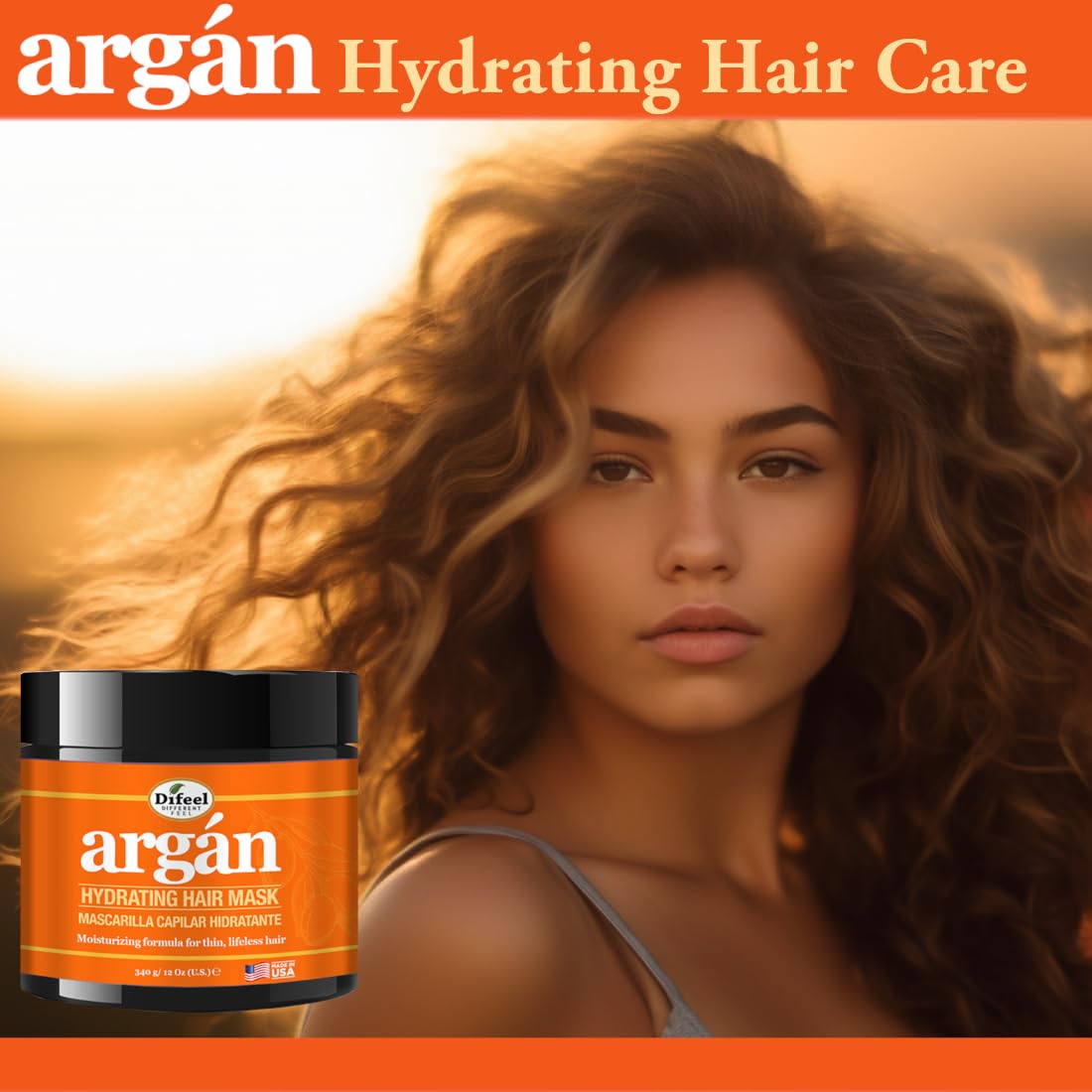 Difeel Argan Oil Hydrating Hair Mask 340g with model showcasing soft, hydrated, healthy-looking hair after deep conditioning treatment.