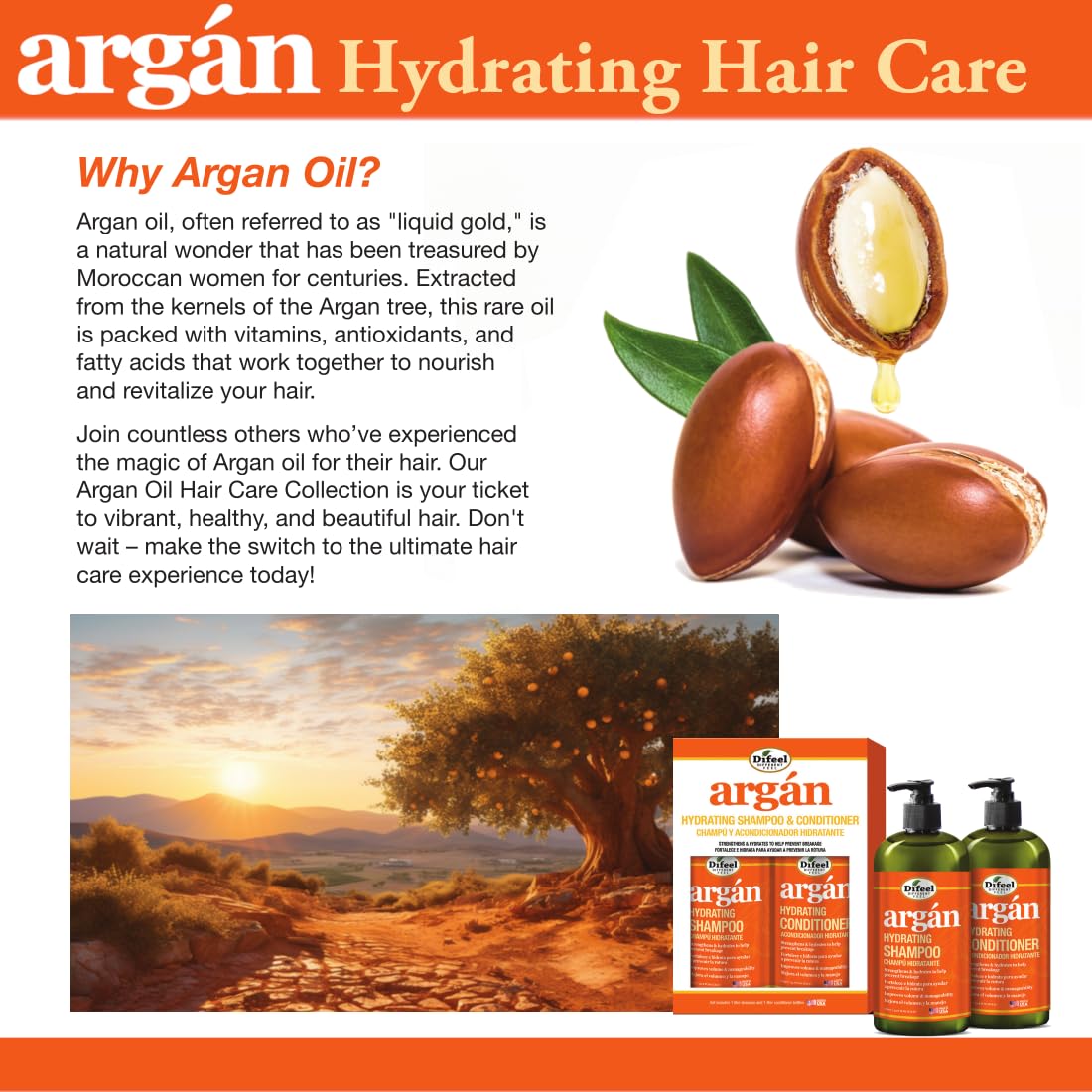 Why choose Difeel Argan Oil Hydrating Hair Mask infographic explaining argan oil nourishment, hydration and restorative hair care benefits.