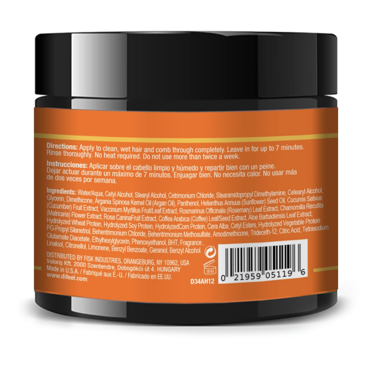 Back label of Difeel Argan Oil Hydrating Hair Mask 340g showing directions for use, full ingredients list and product information.