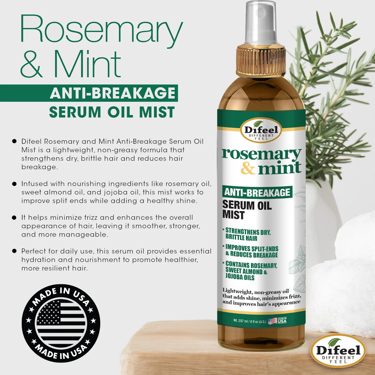 Difeel Rosemary and Mint Anti-Breakage Serum Oil Mist 8oz for dry brittle hair split ends shine and frizz control