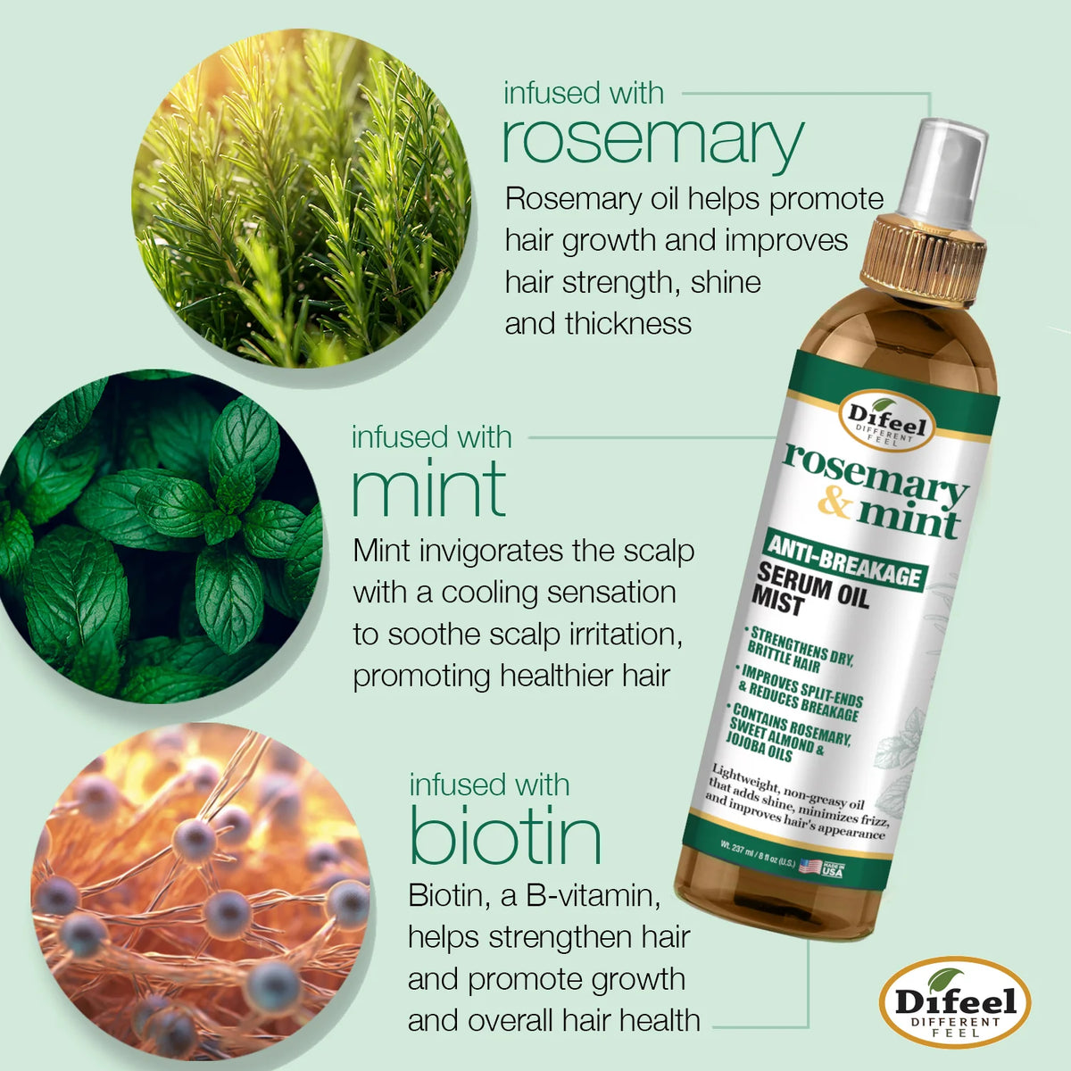 Difeel Rosemary and Mint Anti-Breakage Serum Oil Mist 8oz for dry brittle hair split ends shine and frizz control
