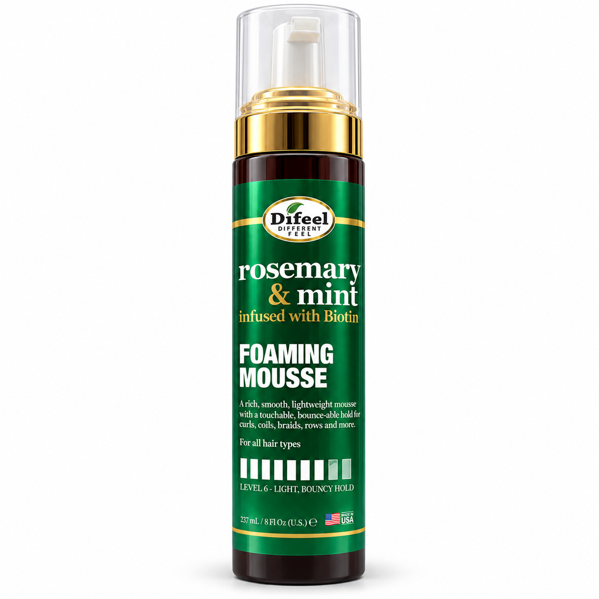 Difeel Rosemary and Mint Foaming Mousse with Biotin 8oz for curls coils braids rows lightweight bouncy hold and styling control
