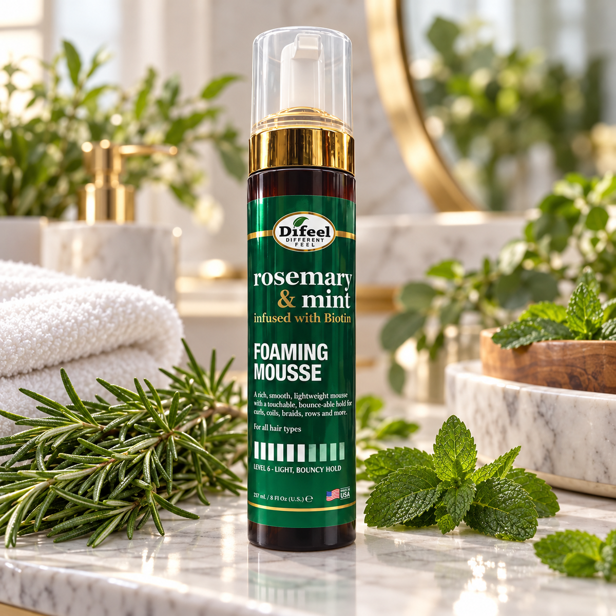 Difeel Rosemary and Mint Foaming Mousse with Biotin 8oz for curls coils braids rows lightweight bouncy hold and styling control