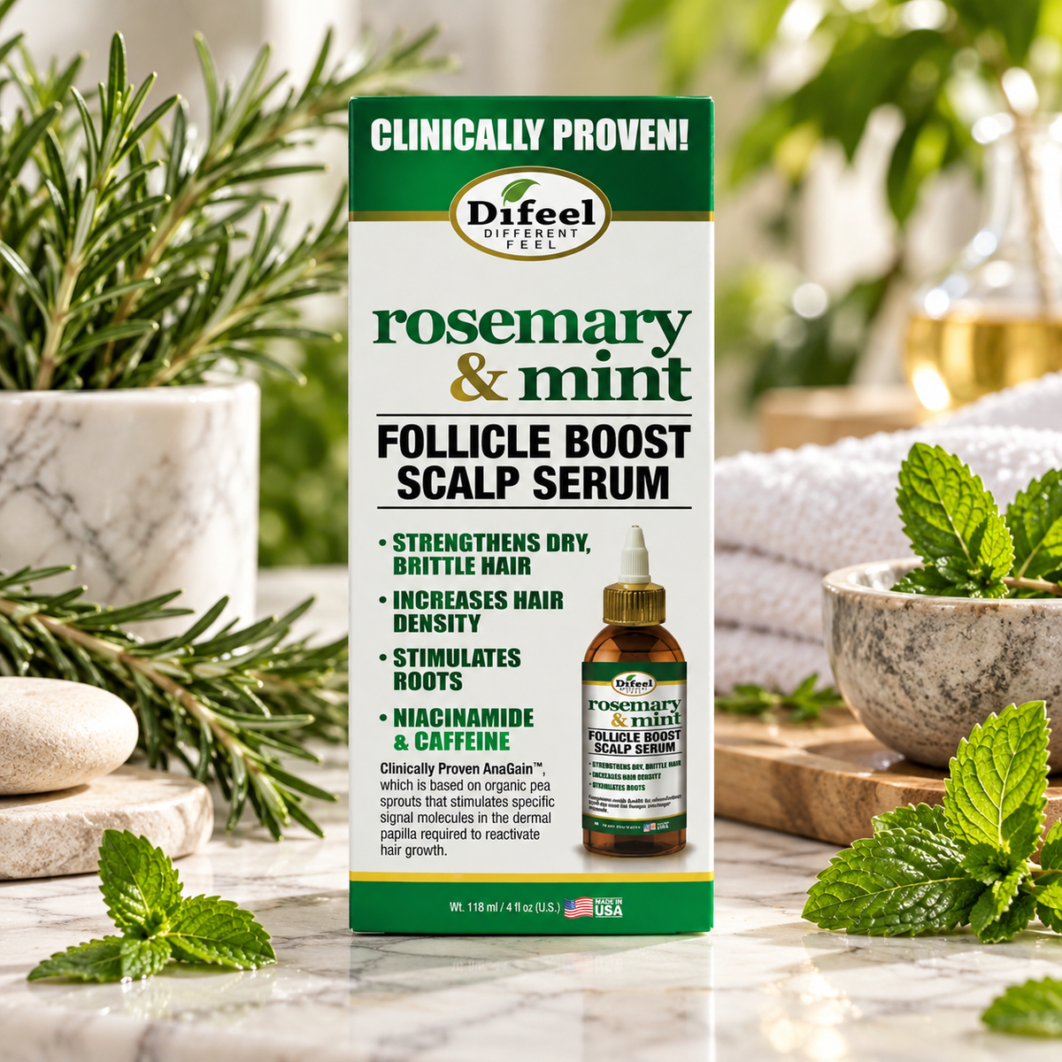 Difeel Rosemary and Mint Follicle Boost Scalp Serum 4oz with niacinamide caffeine biotin and pea sprout extract for dry brittle hair