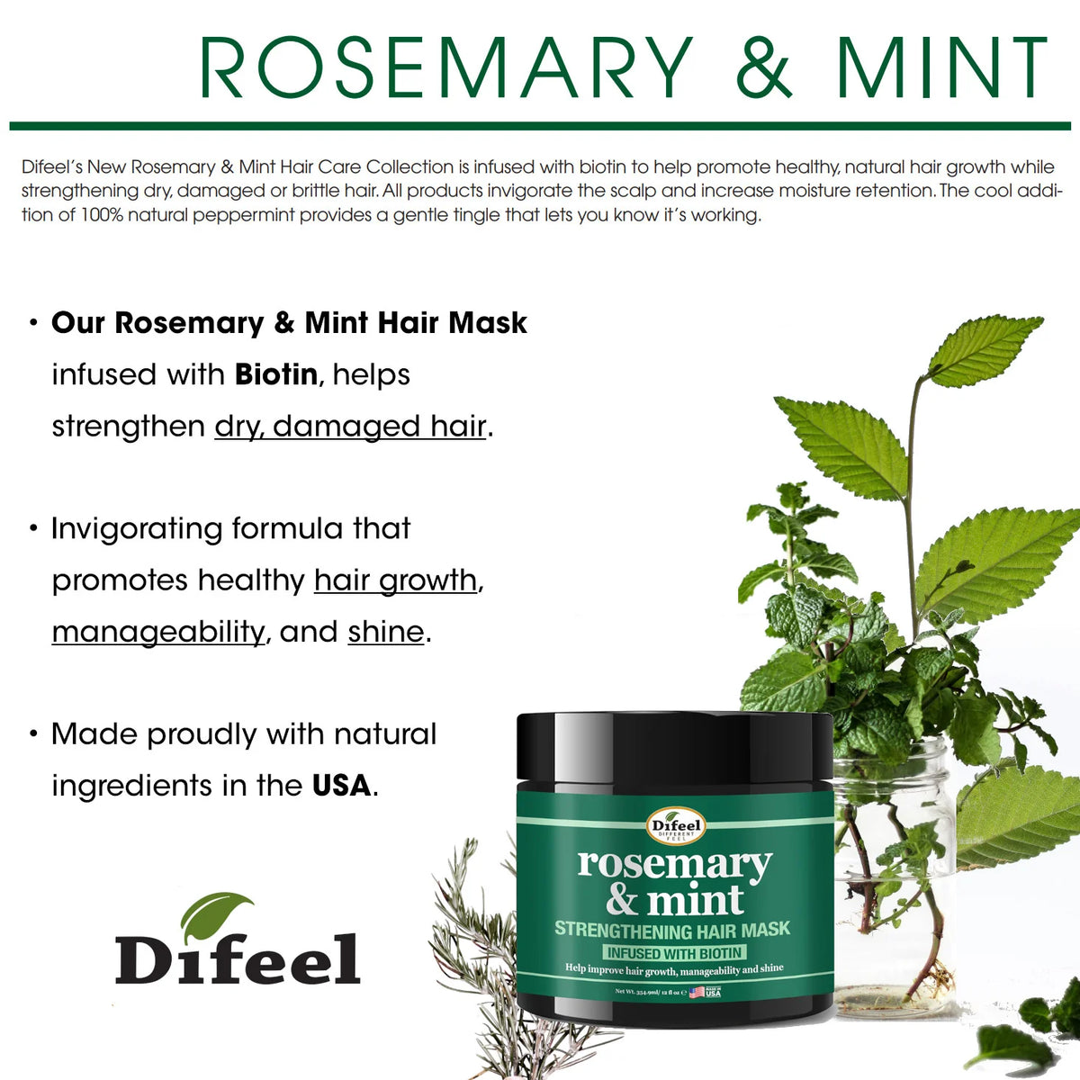 Difeel Rosemary and Mint Strengthening Hair Mask with Biotin 12oz for dry damaged hair strength softness shine and manageability