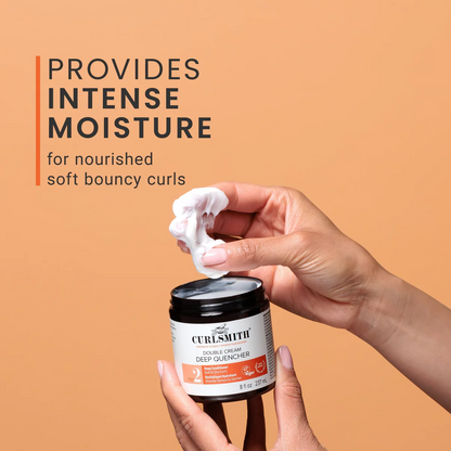 Person holding a jar of Curlesmith product with text about intense moisture on an orange background