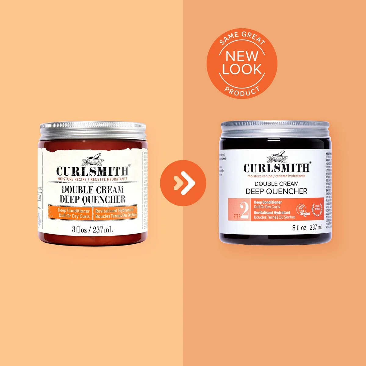 Two jars of Curlsmith Double Cream Deep Quencher with a 'Same Great Product, New Look' label on an orange background.